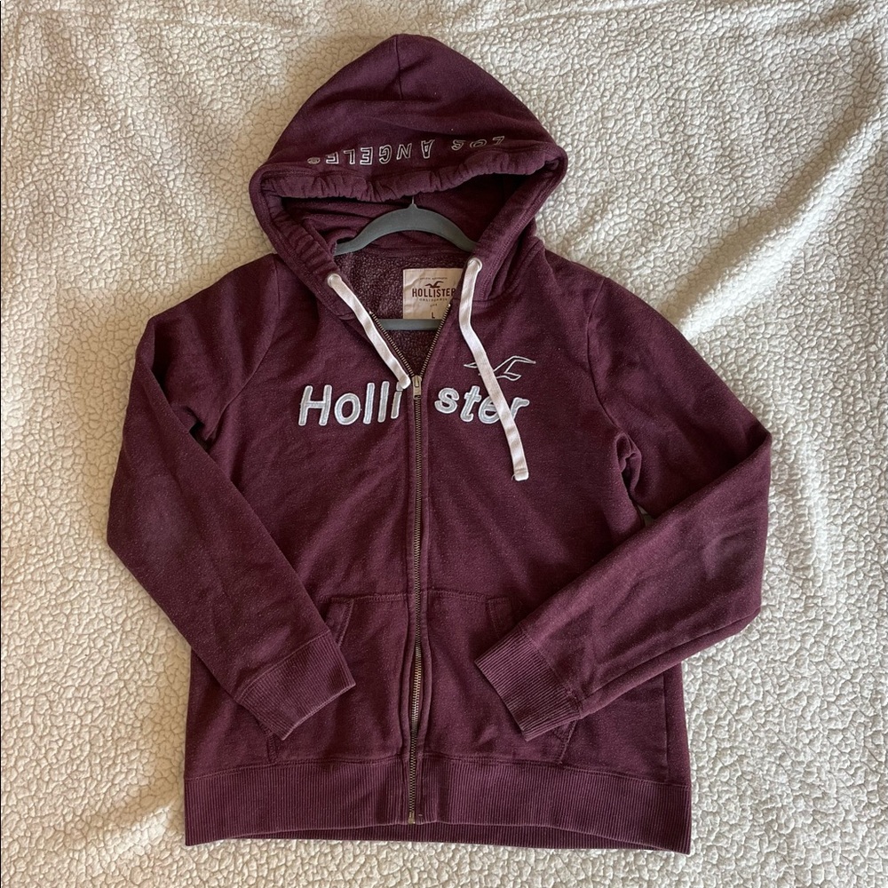 Hollister Zip Up Logo Hoodie Sweatshirt - Maroon - Size Large